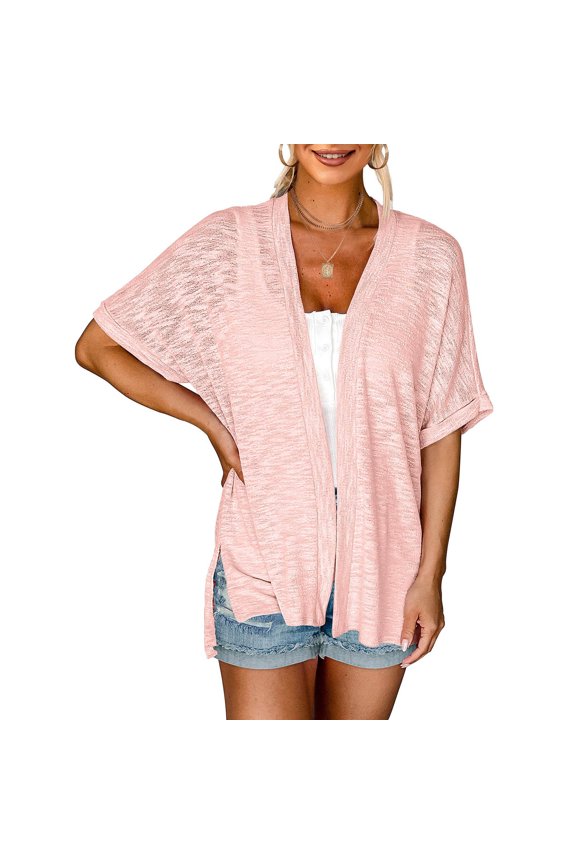 Lightweight Cardigan for Women Open Front Thin Crochet Summer Cover Ups Split Hem Short Sleeve Sun Shirt Coat (Medium, Pink)