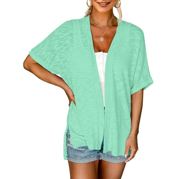 Lightweight Cardigan for Women Open Front Thin Crochet Summer Cover Ups Split Hem Short Sleeve Sun Shirt Coat (XX-Large, Green)