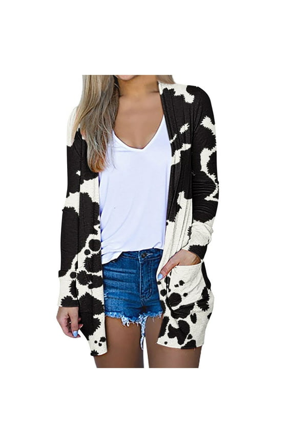 Lightweight Cardigan for Women with Pocket Cute Cow Print Kimono Long Sleeve Floral Shrugs Casual Thin Cover ups