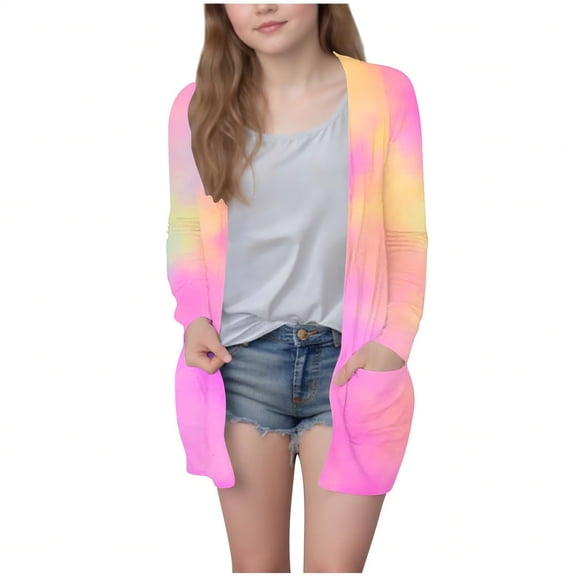 Lightweight Cardigans for Girls Casual New Girls Open Front Cardigan Fashion Tie Dyed Casual Long Sleeve Jacket Lightweight Fall Outwear with Pockets Pinky 150