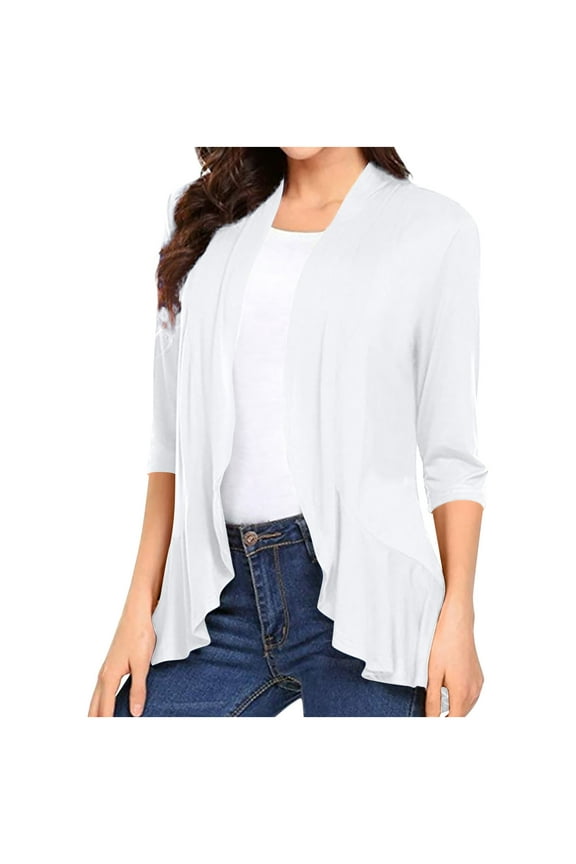 Lightweight Cardigans Sevevn Women's Solid Color Soft Draped Ruffles Nine-Quarter Sleeve Cardigan Top