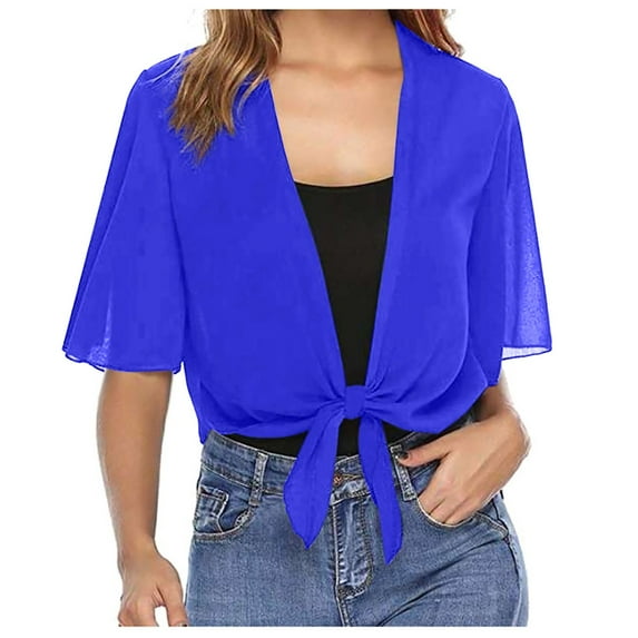 Lightweight Cardigans for Women Sheer Tie Front Elegant Bell Elbow Length Sleeve Summer Cropped Bolero Casual Fall Tops Shrugs for Women Dresses Blue L
