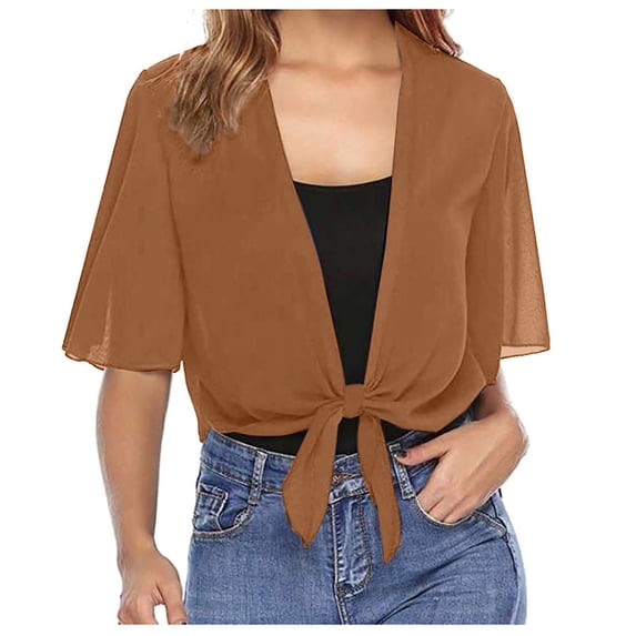 Lightweight Cardigans for Women Sheer Tie Front Elegant Bell Elbow Length Sleeve Summer Cropped Bolero Casual Fall Tops Shrugs for Women Dresses Khaki S