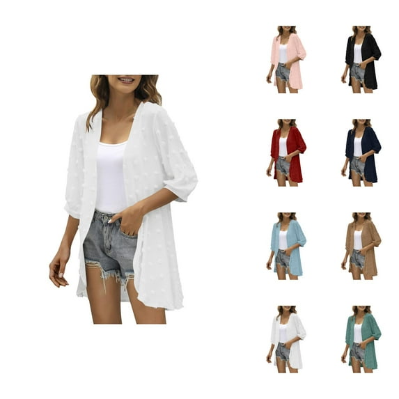 Lightweight Cardigans for Women 2025 3/4 Sleeve Open Front Casual Plain Long Cardigan Outerwear Cover Up