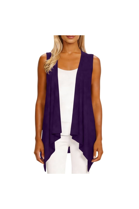 Lightweight Cardigans for Women Open Front Summer Casual Draped Jacket Vest Plus Size Sleeveless Blouses (L, Purple)