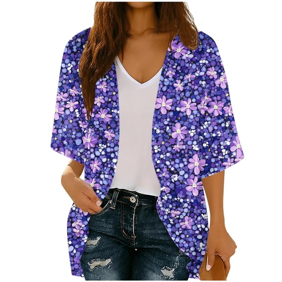 Lightweight Cardigans for Women Summer Fashion Beach Cover Ups 3/4 Length Sleeve Open Front Coverups Blouses (2XL, Purple-Floral)
