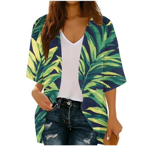 Lightweight Cardigans for Women Summer Fashion Beach Cover Ups 3/4 Length Sleeve Open Front Coverups Blouses (S, Green-Leaves)