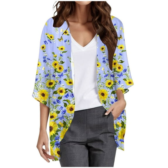 Lightweight Cardigans for Women Women's Floral Print Puff Sleeve Kimono Cardigan Loose Cover Up Casual Blouse Tops Cardigans for Women Sky Blue XL