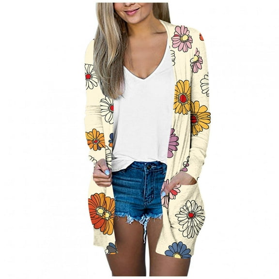 Lightweight Cardigans for Women with Pockets Graphic Printed Long Sleeve Open Front Cardigan Jacket Fall Spring (S, Yellow)