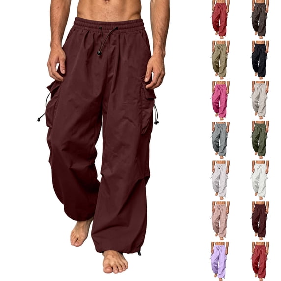 Lightweight Cargo Pants Zaewscy Men's Multi-functional Cargo Pants Men's Loose Casual Style Functional Style Drawstring Straight Leg Leggings Long Pants Couple Pants Wine S