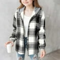 thumbnail image 1 of Lightweight Casual Jacket for Girls Boys Plaid Long Sleeve Shacket Fleece Lined Hooded Outerwear Warm Coat New Fall Outerwear for Girl Black 10-11 Years, 1 of 3