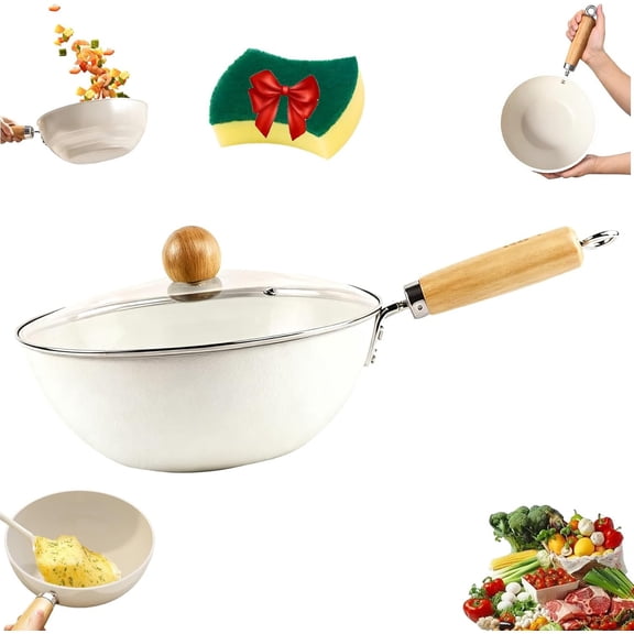 Lightweight Ceramic Non-Stick Wok Pan - 9.4 Inch Deep Frying Pan, with Lid, Suitable for Boiling, Frying, Steaming, and Stir-Frying; Suitable for All Stove