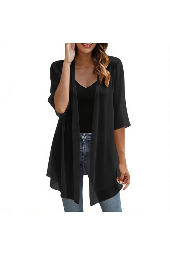 Lightweight Chiffon Cardigans for Women Summer Mid-Long Sheer 3/4 Sleeve Open Front Sun Protection Cover Ups