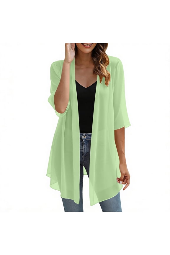 Lightweight Chiffon Cardigans for Women Summer Mid-Long Sheer 3/4 Sleeve Open Front Sun Protection Cover Ups