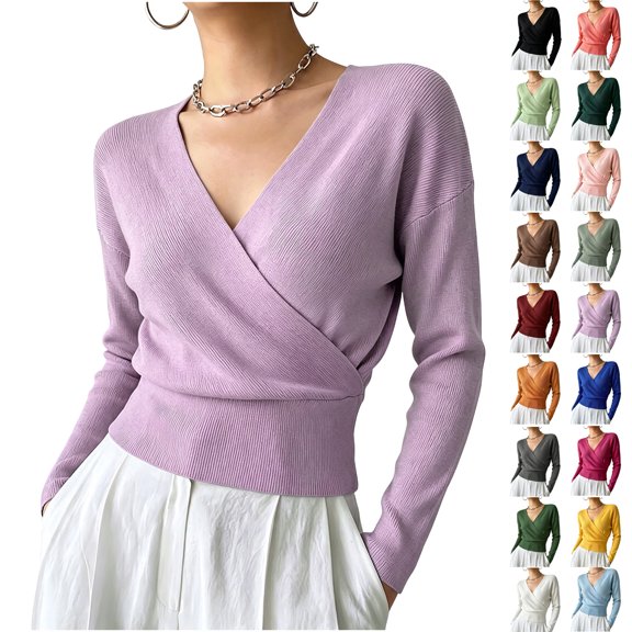 Lightweight Cinched Waist Knit Tops for Women Long Sleeved Solid Color Collar Top Casual Sweater