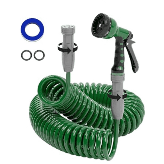 Lightweight Coil Garden Hose 75FT, EVA Flexible Curly Water Pipes with 6-Pattern Spray Nozzle for Boat, Greenhouse, Yard, Patio, Green