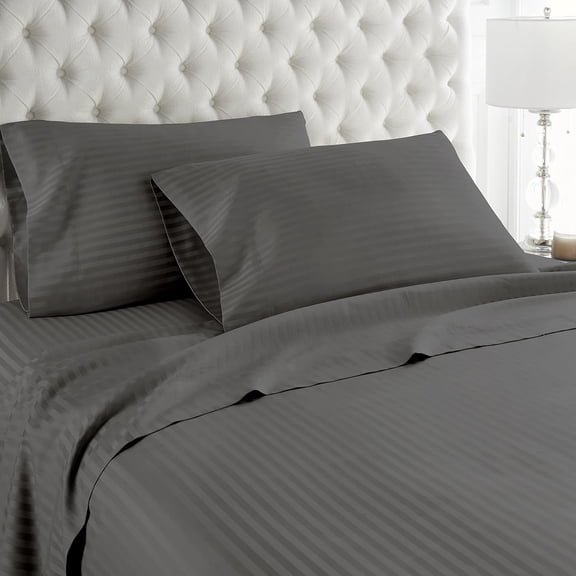 Lightweight & Comfortable 600 Thread Count 100% Egyptian Cotton Ultra Soft Cotton Rich Easy Care Sateen Sheets,Queen Size 4 Piece Sheet Set Fit 26" Inch to 30" Inch Deep Pocket {Stripe Grey}