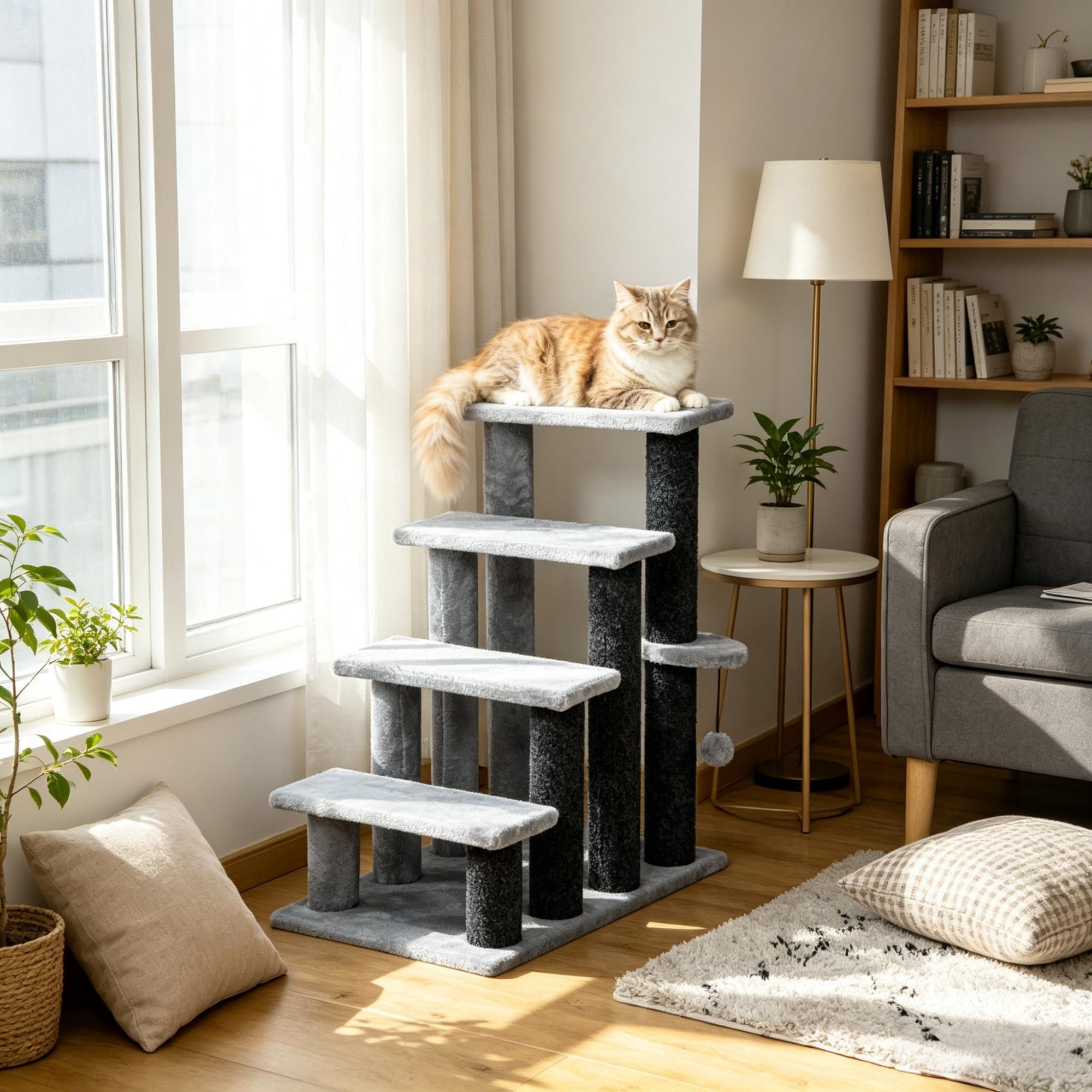Lightweight Compact Cat Stairs for Older Small Cats Under 10 Lbs, Soft Flannel Covered Pet Steps with Play Platform Hanging Ball Joint Protection Movable Cat Tree