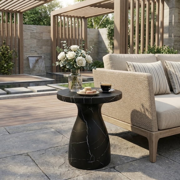 Lightweight Concrete Outdoor Side Table with Black Marble Effect, 20x20x23 inch End Table for Patio and Garden