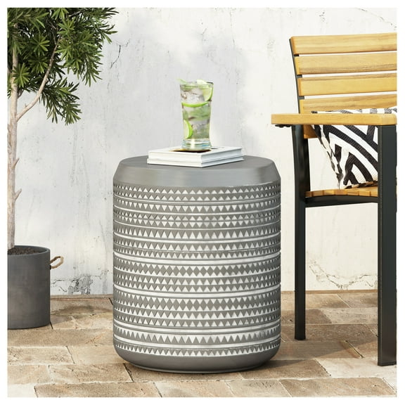 Lightweight Concrete Side Table, Bohemian Outdoor Patio End Table, 15.5" Boho Accent Table, Versatile Indoor/Outdoor Coffee Table, No Assembly