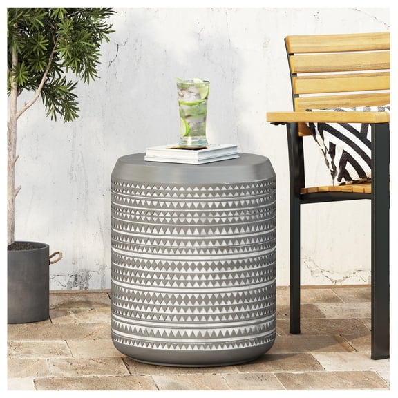 Lightweight Concrete Side Table, Bohemian Outdoor Patio End Table, Small Coffee Table, Versatile Indoor/Outdoor Accent Table, 15.5" W x 18.5" H White + Magnesium Oxide