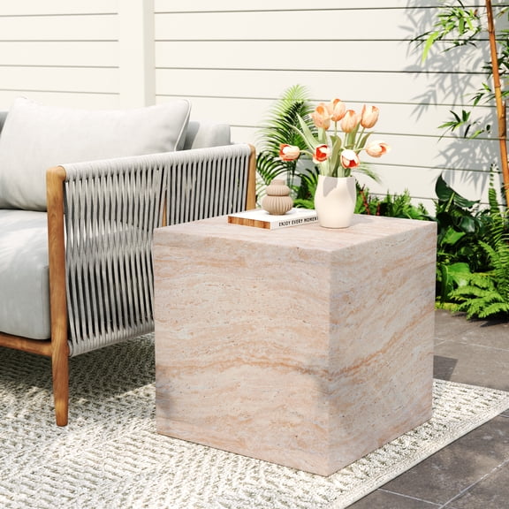 Lightweight Concrete Side Table Indoor Outdoor Square Travertine Finish Modern Cube Design for Living Room Balcony Garden Durable Weather Resistant Accent Table