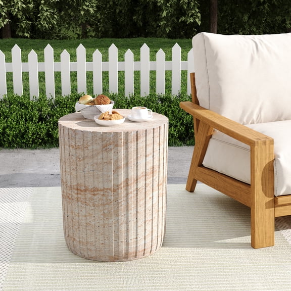 Lightweight Concrete Side Table for Indoor and Outdoor Use with Travertine Finish, Modern Cylinder Accent Table for Patio, Garden, or Living Room, Durable and Weather Resistant