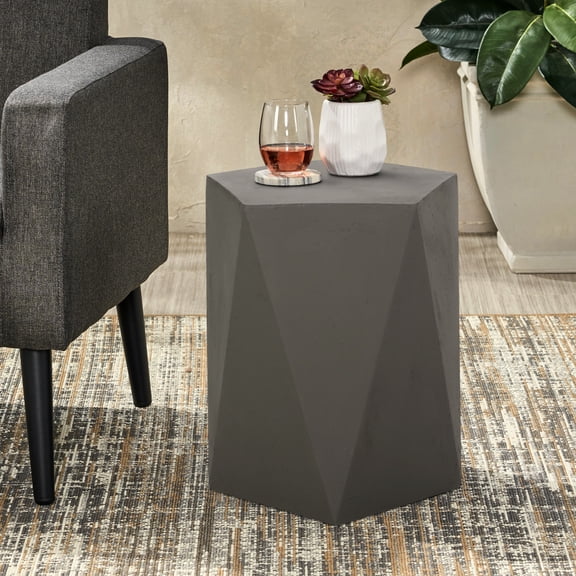 Lightweight Concrete Side Table, Modern Pentagon Design, 16.1"w X 16.1"d 17.97"h, No Assembly, Gray Mist Pentagonal 16x16x18, Granite Chip