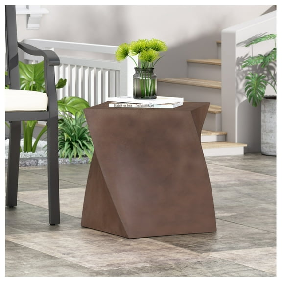 Lightweight Concrete Side Table - Outdoor End Table with Twisted Design, Modern Living Room Accent Table, 20.5" W x 20.5" D x 18" H Brown + Magnesium Oxide