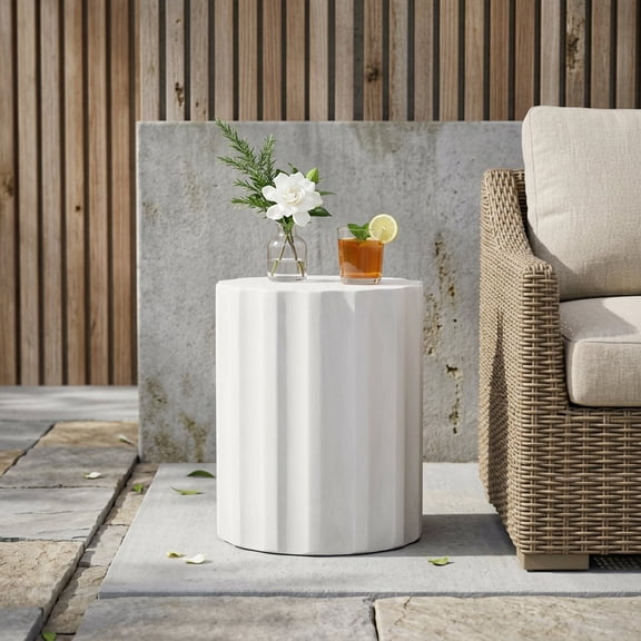 Lightweight Concrete Side Table for Outdoor Patio, Antique White End Table 18 Inch Height for Small Spaces