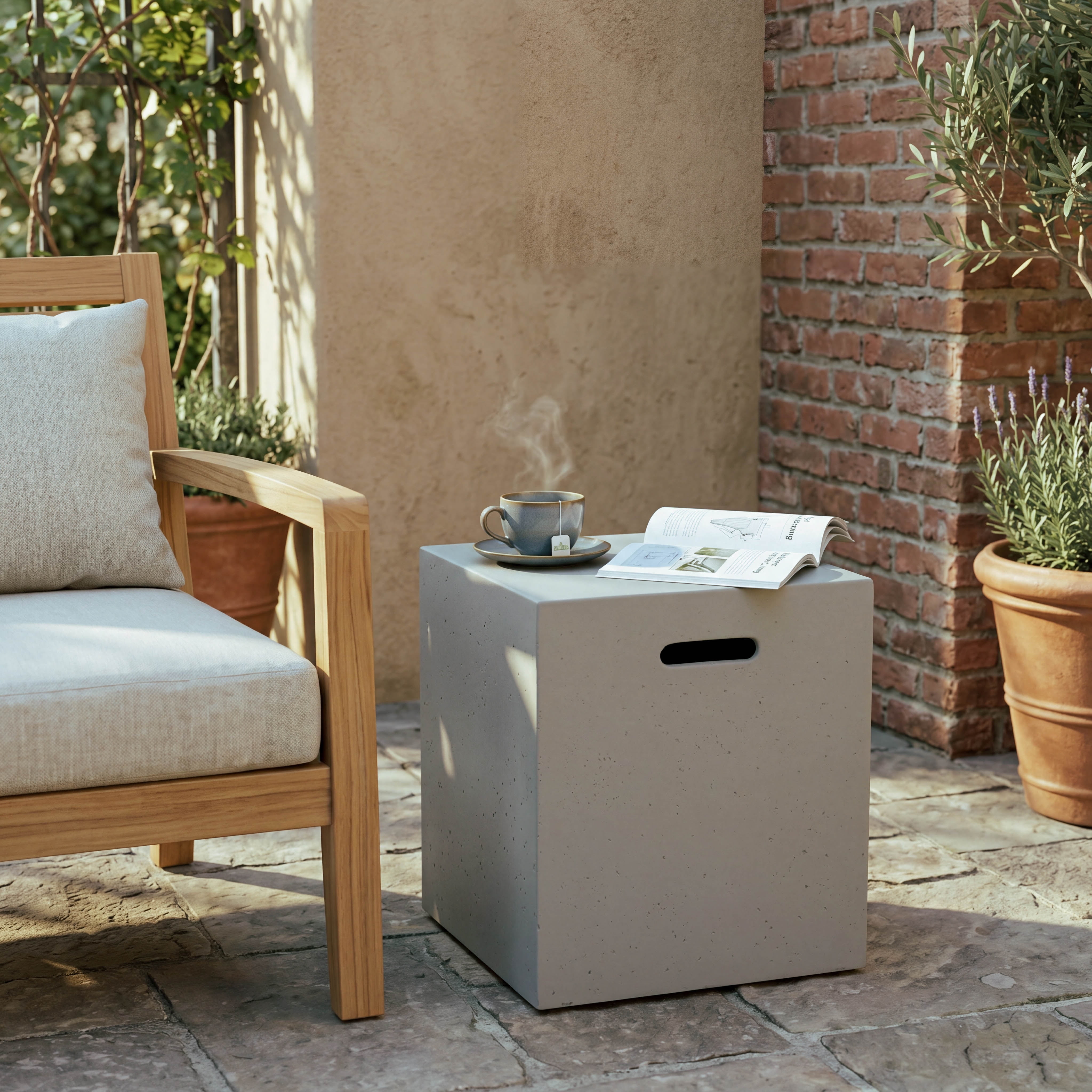 Lightweight Concrete Tank Holder Side Table, 16.25" Modern Propane Tank Cover, Multi-Functional Hidden Storage for Outdoor Patio Barbecue Grill