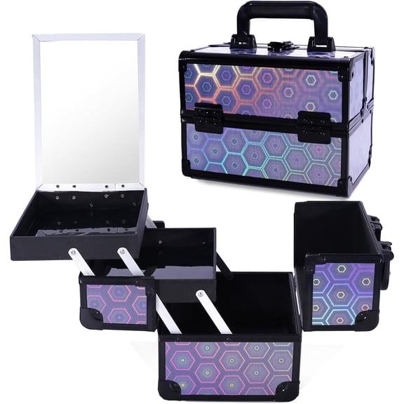 Buanson Lightweight Makeup Train Case, Lockable 2-Tray Cosmetic Box with Mirror – Portable Travel Organizer