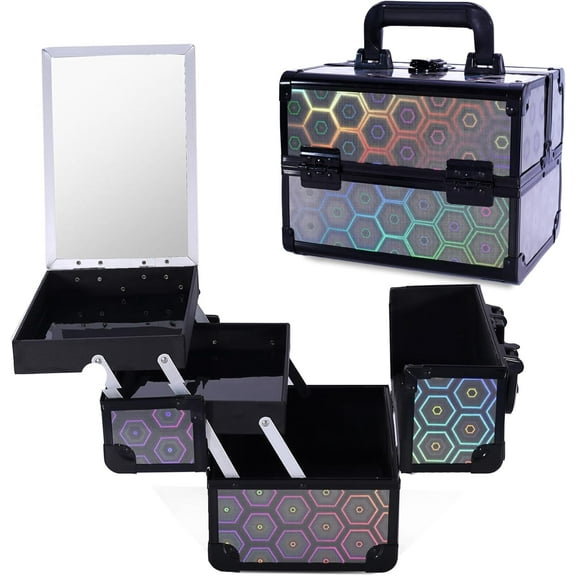 Lightweight Cosmetic Box Makeup Train Case Lockable Makeup Case Organizer 2 Trays Makeup Storage with Mirror Locking for Portable Makeup Storage Box