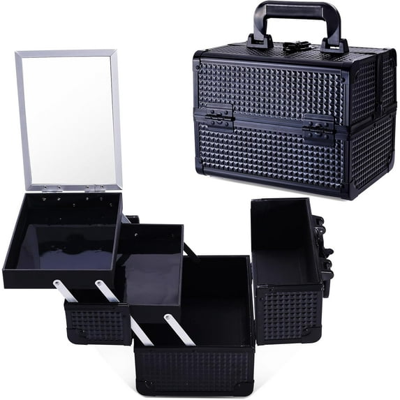 Lightweight Cosmetic Box Makeup Train Case Lockable Makeup Case Organizer 2 Trays Makeup Storage with Mirror Locking for Portable Makeup Storage Box