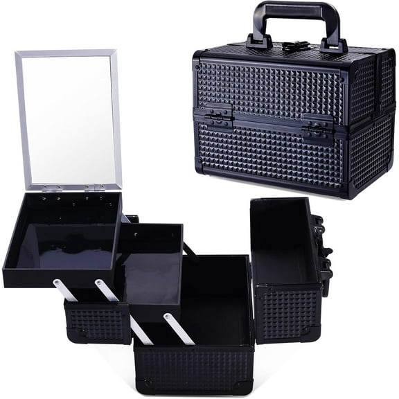 Lightweight Cosmetic Box Makeup Train Case Lockable Makeup Case Organizer 2 Trays Makeup Storage with Mirror Locking for Portable Makeup Storage Box