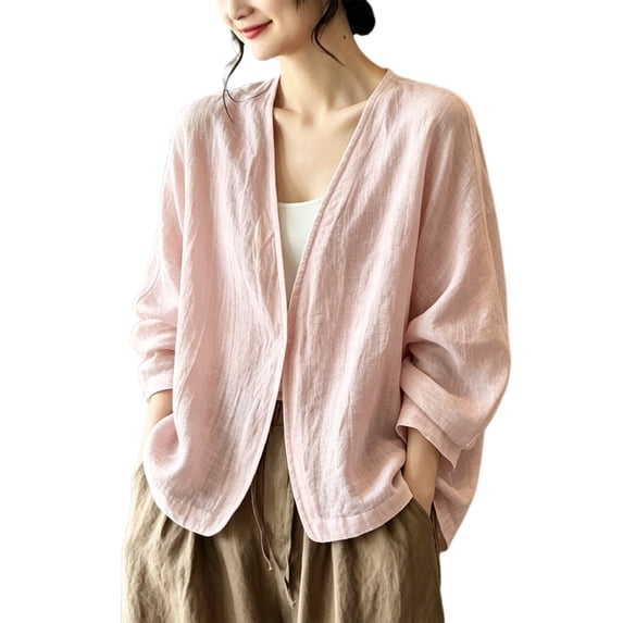 Lightweight Cotton Cardigans for Women Casual Solid Color Long Sleeve V Neck Loose Pullover Shirts Lightweight Stretch Base Layer Shirt Womens Oversized Cardigan,Pink,L