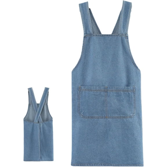 Lightweight Cotton Denim Jean Apron for Women and Men, Adult Jour Cross Back Kitchen Apron with Front Pocket, Durable & Stain-Resistant(Light Blue)