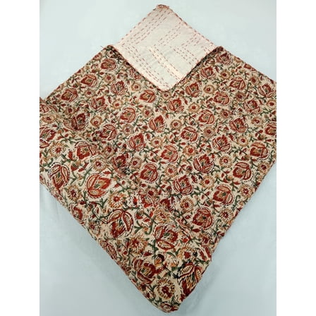 Lightweight Cotton Kantha Quilt, Vintage Floral Print Handmade Bedding, Twin Size