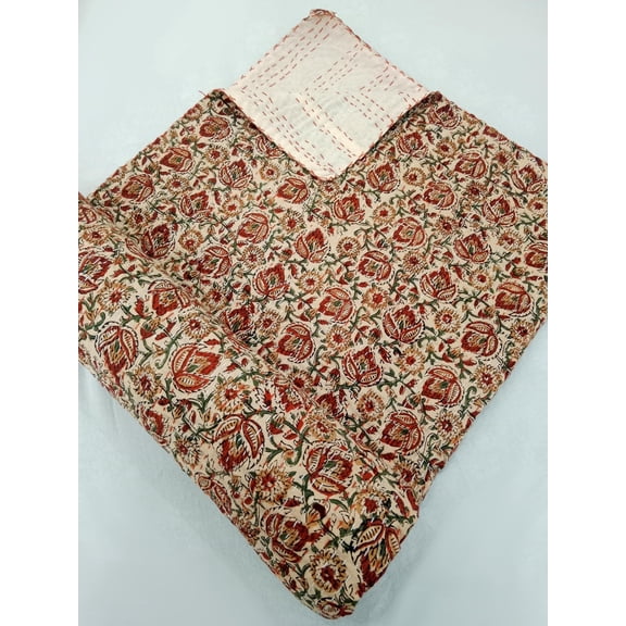 Lightweight Cotton Kantha Quilt, Vintage Floral Print Handmade Bedding, Twin Size