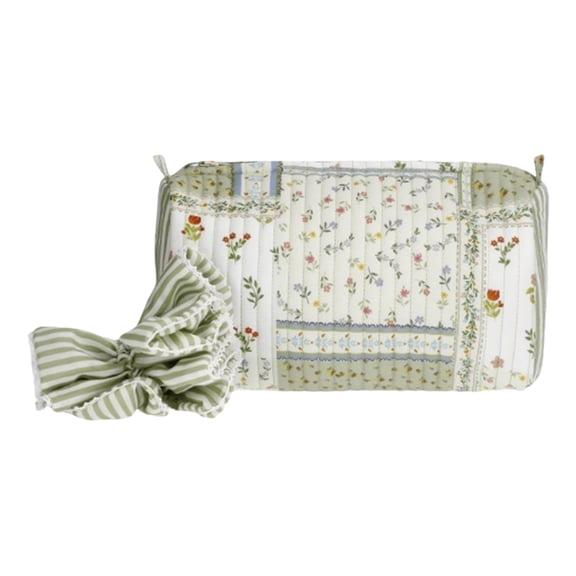 Lightweight Cotton Quilted Makeup Bag Set, 2 Piece Embroidered Floral Plaid Cosmetic Pouch with Headband Rope for Easy Carry