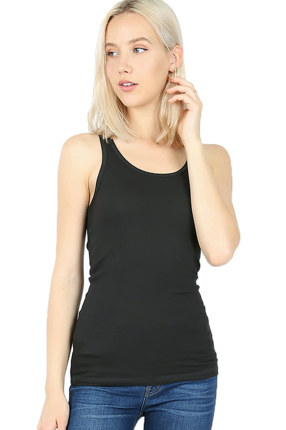Lightweight Cotton Scooped Neckline Stretchy Racerback Ribbed Tank top for Women (Black, Large)