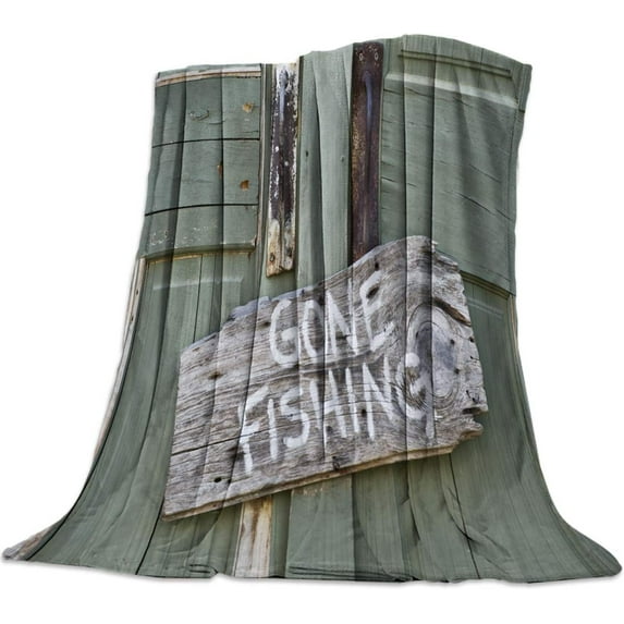 Lightweight Cozy Bed Blanket Throw Fuzzy Super Soft and Warm Throw Flannel Blankets for Couch Sofa Bed Beach Travel,Vintage Country Wooden Door Rustic Wood Board Text Gone Fishing (50 x 60 Inches)