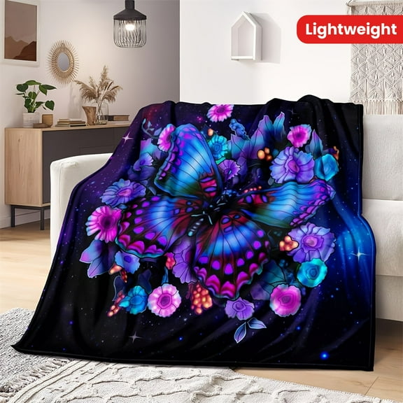 Lightweight Cozy Throw Blanket Lodge Style Geometric Butterfly and Purple Flowers Digital Print Flannel Throw Blanket All-Season Cozy Lightweight Washed