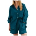 thumbnail image 1 of Lightweight Crepe Women's Shorts Suit Casual Set Soft Comfortable Long Sleeve Top And Relaxing Home Outfit, 1 of 1