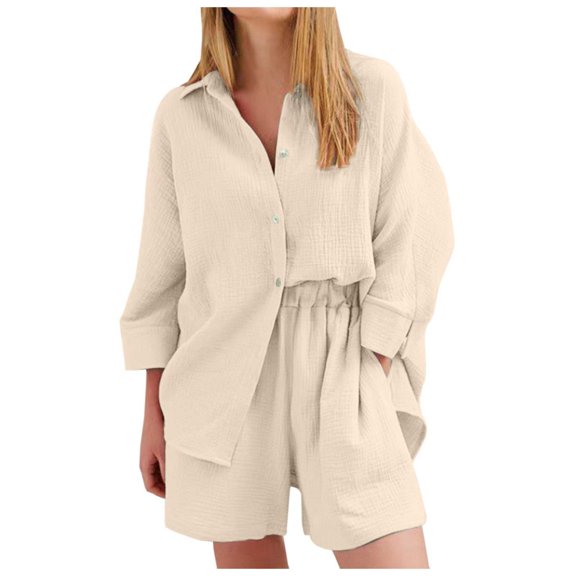 Lightweight Crepe Women's Shorts Suit Casual Set Soft Comfortable Long Sleeve Top And Relaxing Home Outfit