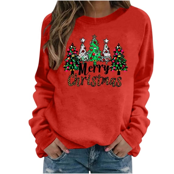 Lightweight Crewneck Sweatshirts Womens Xmas Tree Printed Merry Christmas Holiday Outfits Long Sleeve Loose Tops (S, Orange)