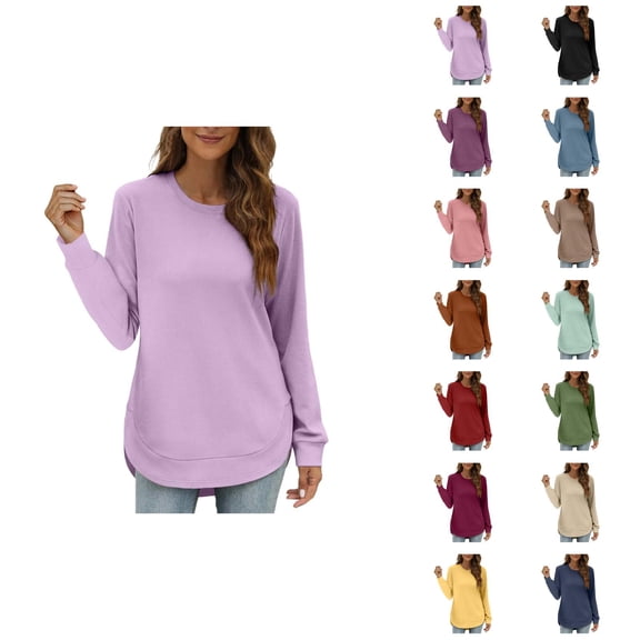 Lightweight Crewneck Sweatshirts for Women 2025 Long Sleeve Asymmetrical Hem Plain Sweatshirt Pullover Tops