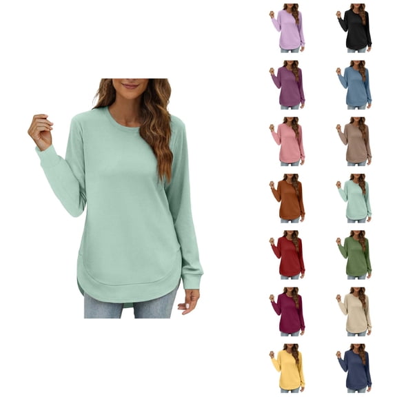 Lightweight Crewneck Sweatshirts for Women 2025 Long Sleeve Asymmetrical Hem Plain Sweatshirt Pullover Tops