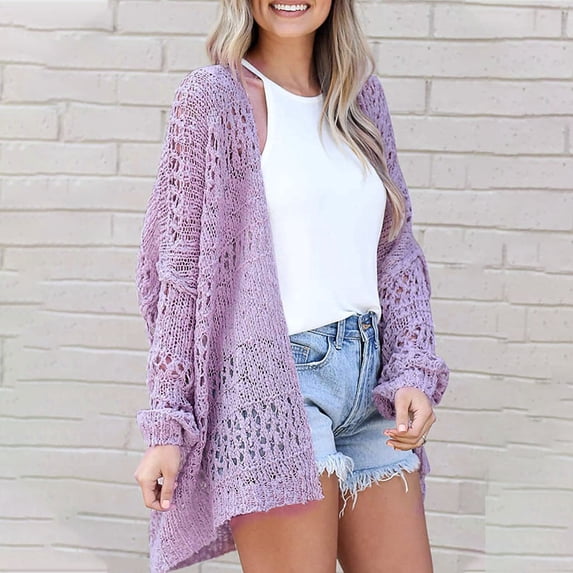 Lightweight Crochet Cardigan for Women Long Sleeve Solid Color Knit Sweaters Fall Open Front Outwear New Womens Sweaters Cardigan Purple L