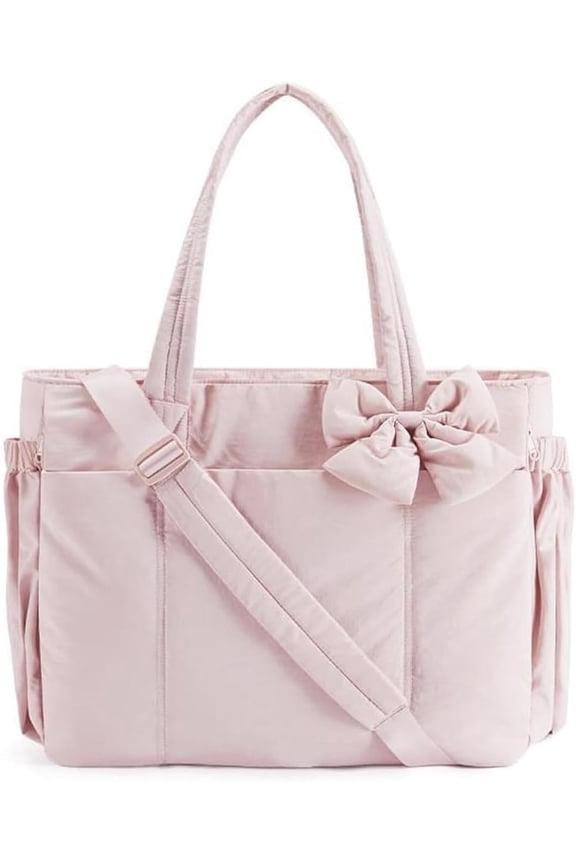 Lightweight Crush Bow Tote Bag For Women,Crush Bow Tote Bag 15.6， Puffy Quilted Shoulder Bag,Stylish Handbag for Work, Travel, Beach, Shopping(Pink)
